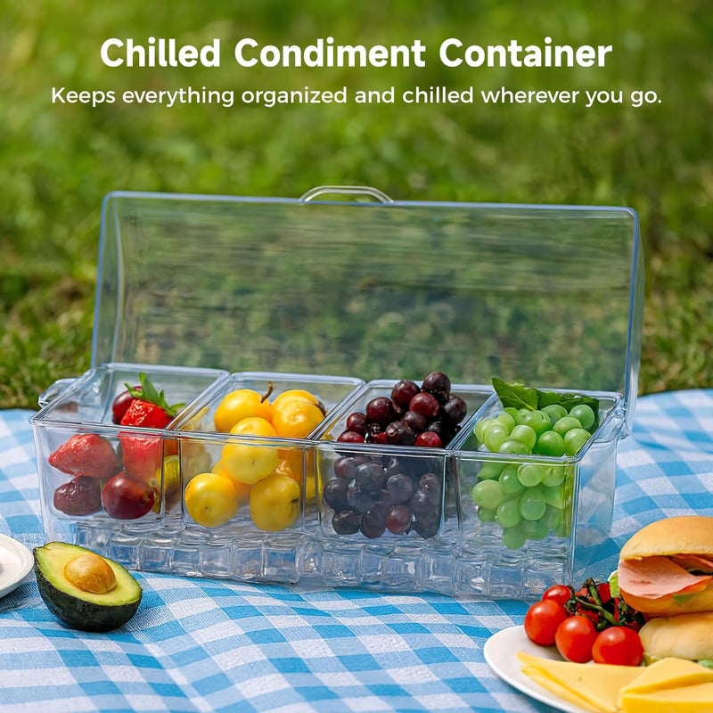 Clear Condiment Server with Ice Trays & Lid, 4 Compartment Bar Garnish Holder, Salad Storage Box for Parties & Picnics - Image 5