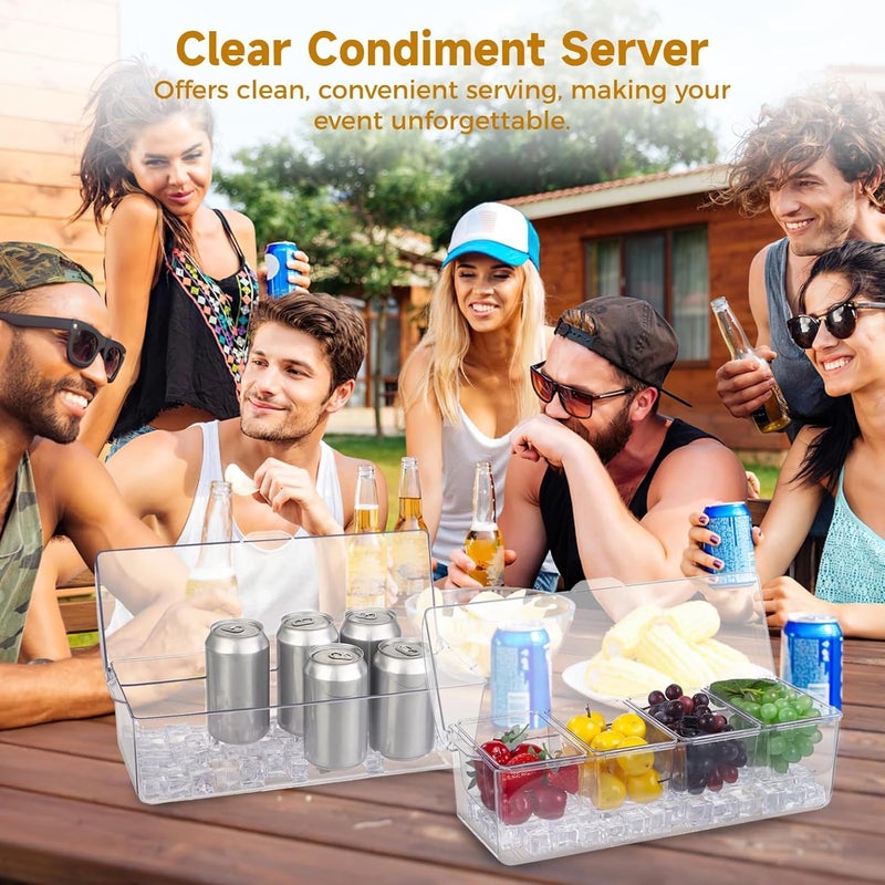 Clear Condiment Server with Ice Trays & Lid, 4 Compartment Bar Garnish Holder, Salad Storage Box for Parties & Picnics - Image 2