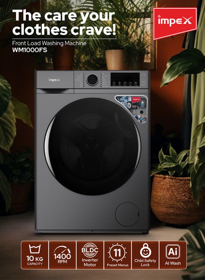 Impex 10 Kg Front Load Washing Machine | BLDC Inverter Motor | 1400 RPM | AI Wash | 11 Preset Menus | LED Display | Child Lock | Temperature & Speed Control | Status Indicator | 64L Drum Volume | Waterproof Glass - 64 L 150 W WM1000FS Grey - Image 2