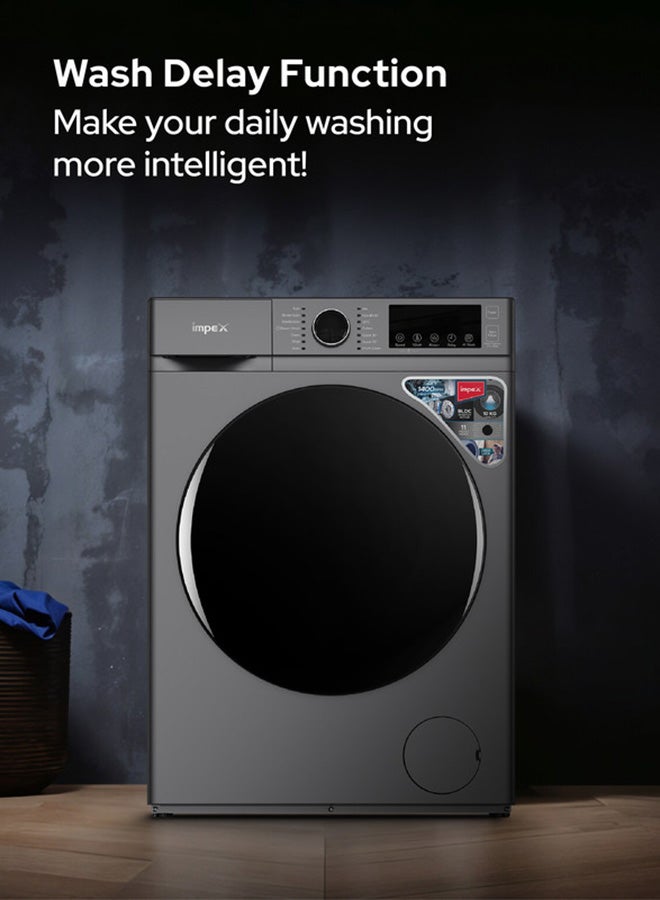 Impex 10 Kg Front Load Washing Machine | BLDC Inverter Motor | 1400 RPM | AI Wash | 11 Preset Menus | LED Display | Child Lock | Temperature & Speed Control | Status Indicator | 64L Drum Volume | Waterproof Glass - 64 L 150 W WM1000FS Grey - Image 3