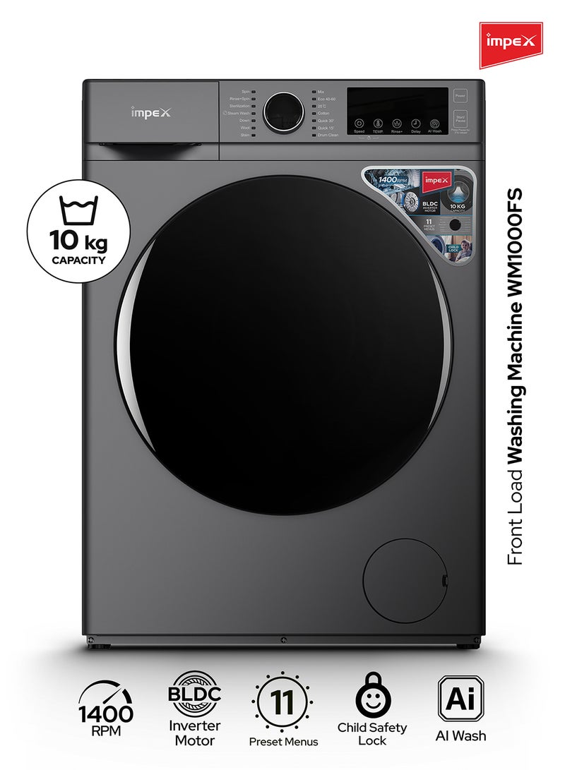 Impex 10 Kg Front Load Washing Machine | BLDC Inverter Motor | 1400 RPM | AI Wash | 11 Preset Menus | LED Display | Child Lock | Temperature & Speed Control | Status Indicator | 64L Drum Volume | Waterproof Glass - 64 L 150 W WM1000FS Grey - Image 1
