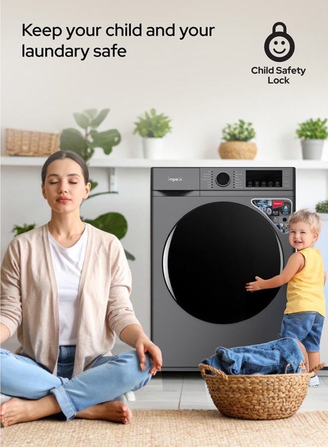 Impex 10 Kg Front Load Washing Machine | BLDC Inverter Motor | 1400 RPM | AI Wash | 11 Preset Menus | LED Display | Child Lock | Temperature & Speed Control | Status Indicator | 64L Drum Volume | Waterproof Glass - 64 L 150 W WM1000FS Grey - Image 5