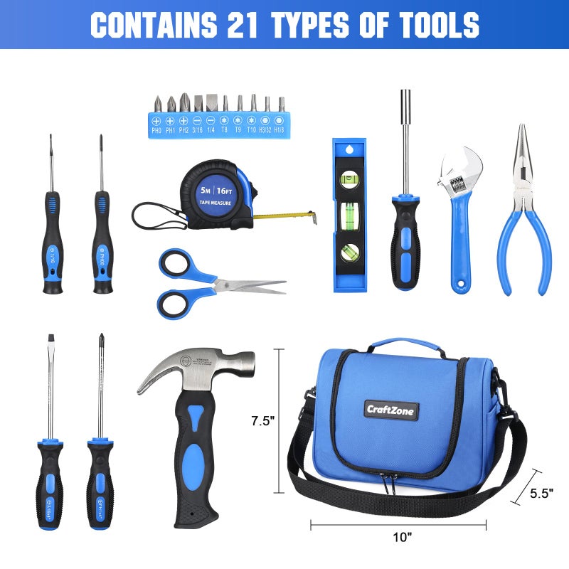 CRAFTZONE 21-Piece Basic Household Hand Tool Kit,Home Repair Tool Set Bag for Dorm/Office/DIY/Desk/Apartment(Blue) - Image 4