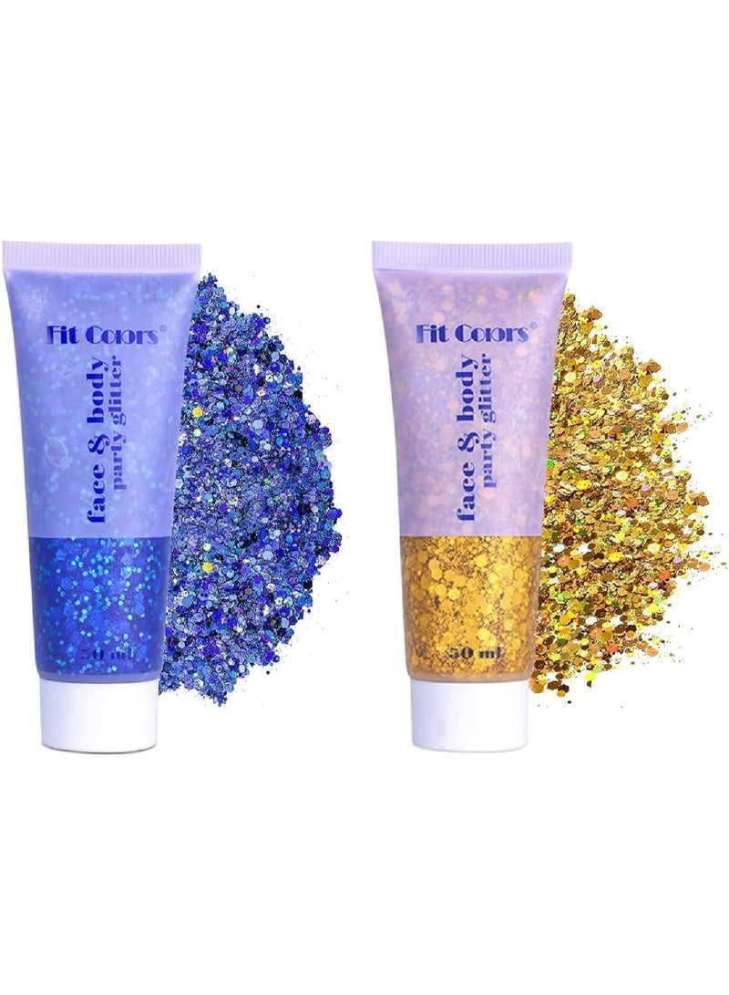 جل جليتر ، قطعتان من ملمع الوجه، بخاخ شعر لامع لامع للحفلات والمهرجانات، اكسسوارات فنية للوجه والجسم والاظافر والشفاه والعين والشعر (ازرق وذهبي) - Image 1