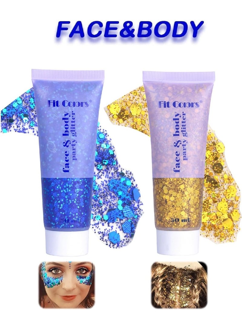 جل جليتر ، قطعتان من ملمع الوجه، بخاخ شعر لامع لامع للحفلات والمهرجانات، اكسسوارات فنية للوجه والجسم والاظافر والشفاه والعين والشعر (ازرق وذهبي) - Image 5