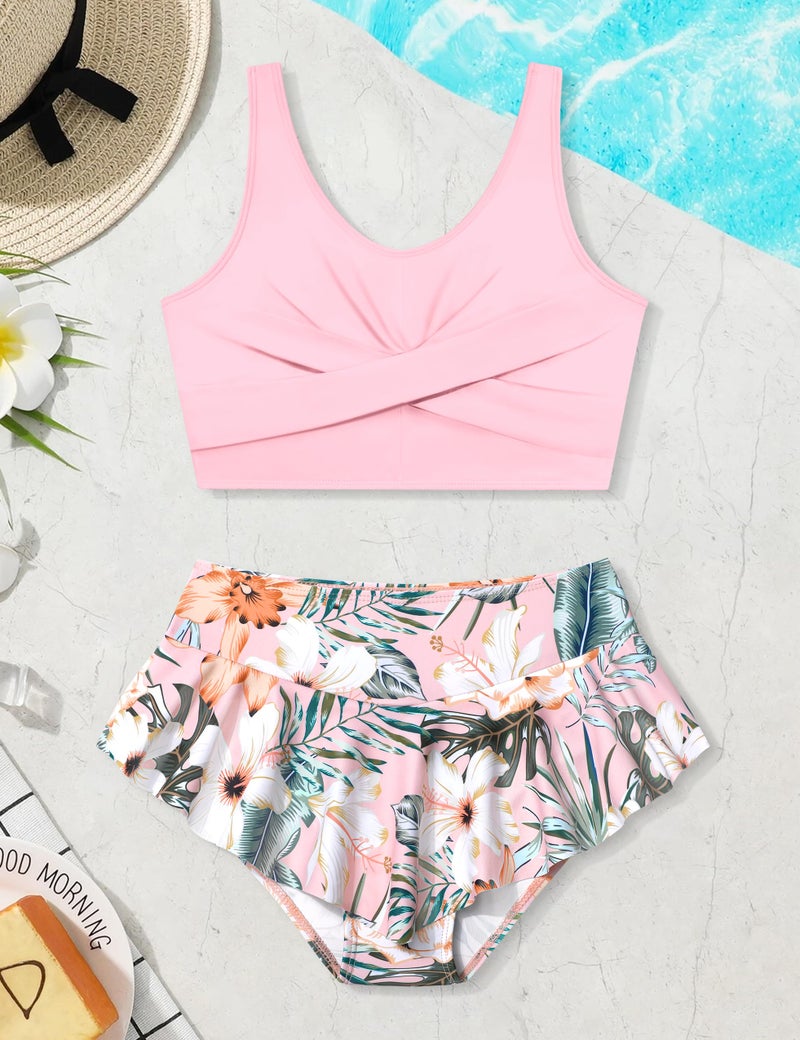 Qaoerde Girls Swimsuit Bathing Suit for Teens Tankini Swimsuit Criss Cross Tropical Print Ruffle Bottom Teen Swimsuits for Girls 12-14 Two Piece Swimwear Size 13-14 Pink - Image 4