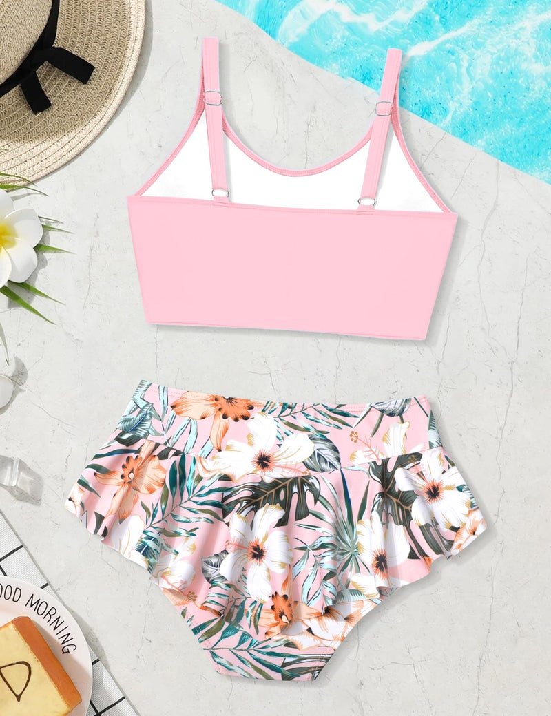 Qaoerde Girls Swimsuit Bathing Suit for Teens Tankini Swimsuit Criss Cross Tropical Print Ruffle Bottom Teen Swimsuits for Girls 12-14 Two Piece Swimwear Size 13-14 Pink - Image 5