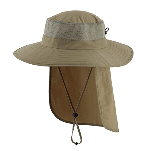 Home Prefer Outdoor UPF50+ Mesh Sun Hat Wide Brim Fishing Hat with Neck Flap (Light Vert Khaki) - Image 1