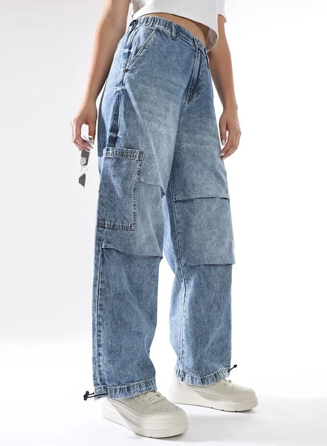 Hubberholme  Women Baggy Fit Parachute Cargo High-Rise Light Fade Jeans for Women | Best Price UAE