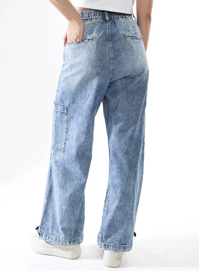 Hubberholme  Women Baggy Fit Parachute Cargo High-Rise Light Fade Jeans for Women | Best Price UAE