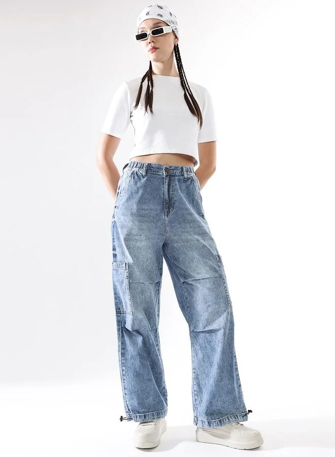 Women Baggy Fit Parachute Cargo High-Rise Light Fade Jeans