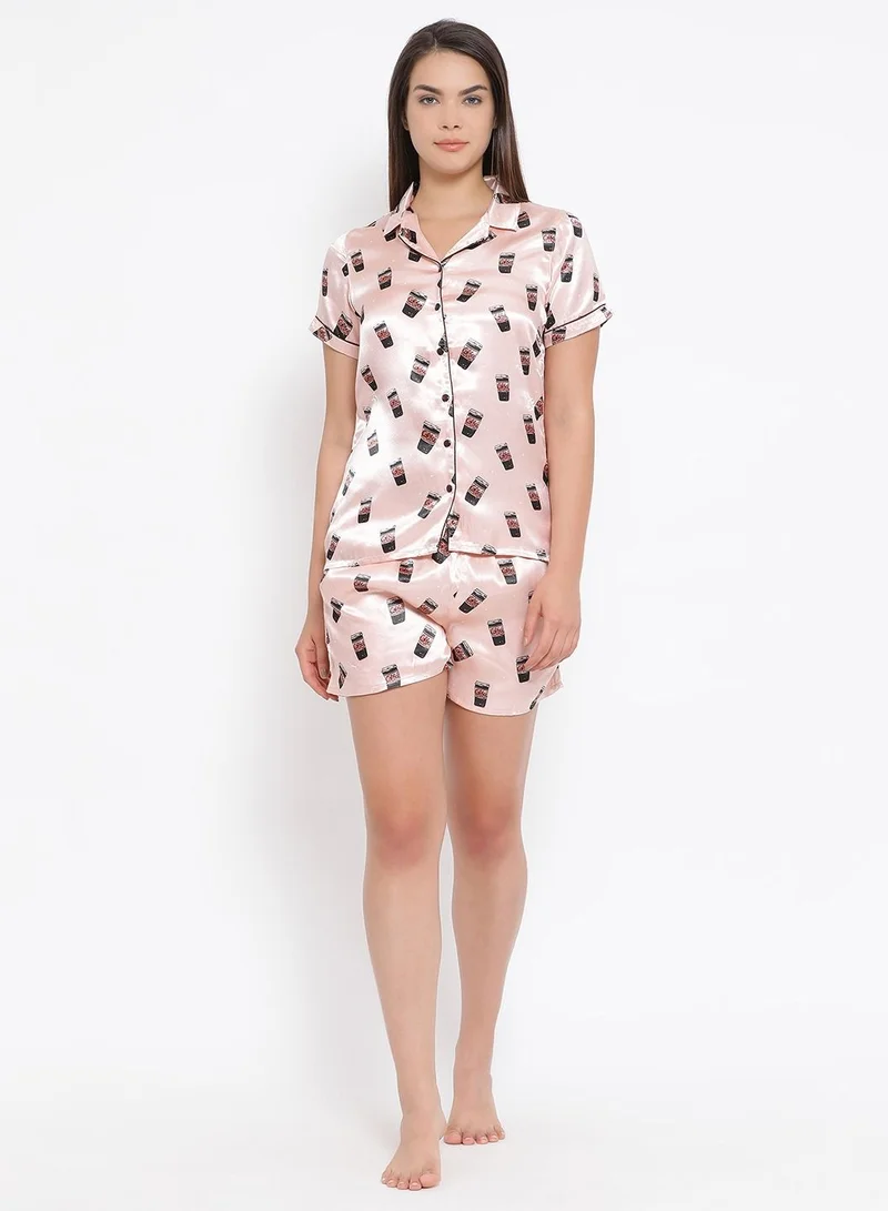 كلوفيا Clovia Satin Coffee Print Button Down Shirt and Shorts