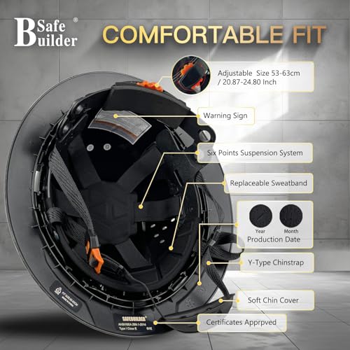 SAFEBUILDER G1E Construction Full Brim Hard Hats ANSI Class E HDPE Safety Helmet Hardhats Sunshade Industrial Head Protection (1, Matte Black Class E) - Image 4