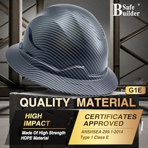 SAFEBUILDER G1E Construction Full Brim Hard Hats ANSI Class E HDPE Safety Helmet Hardhats Sunshade Industrial Head Protection (1, Matte Black Class E) - Image 3