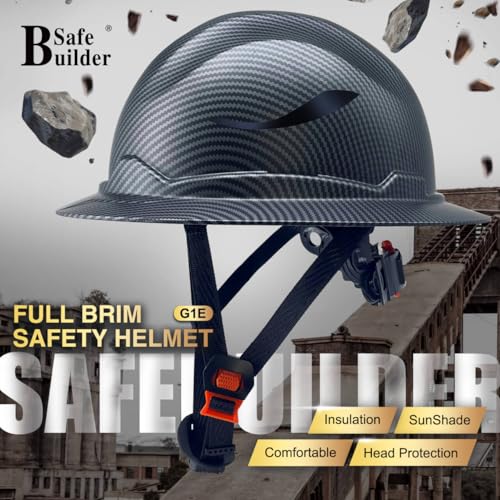 SAFEBUILDER G1E Construction Full Brim Hard Hats ANSI Class E HDPE Safety Helmet Hardhats Sunshade Industrial Head Protection (1, Matte Black Class E) - Image 2