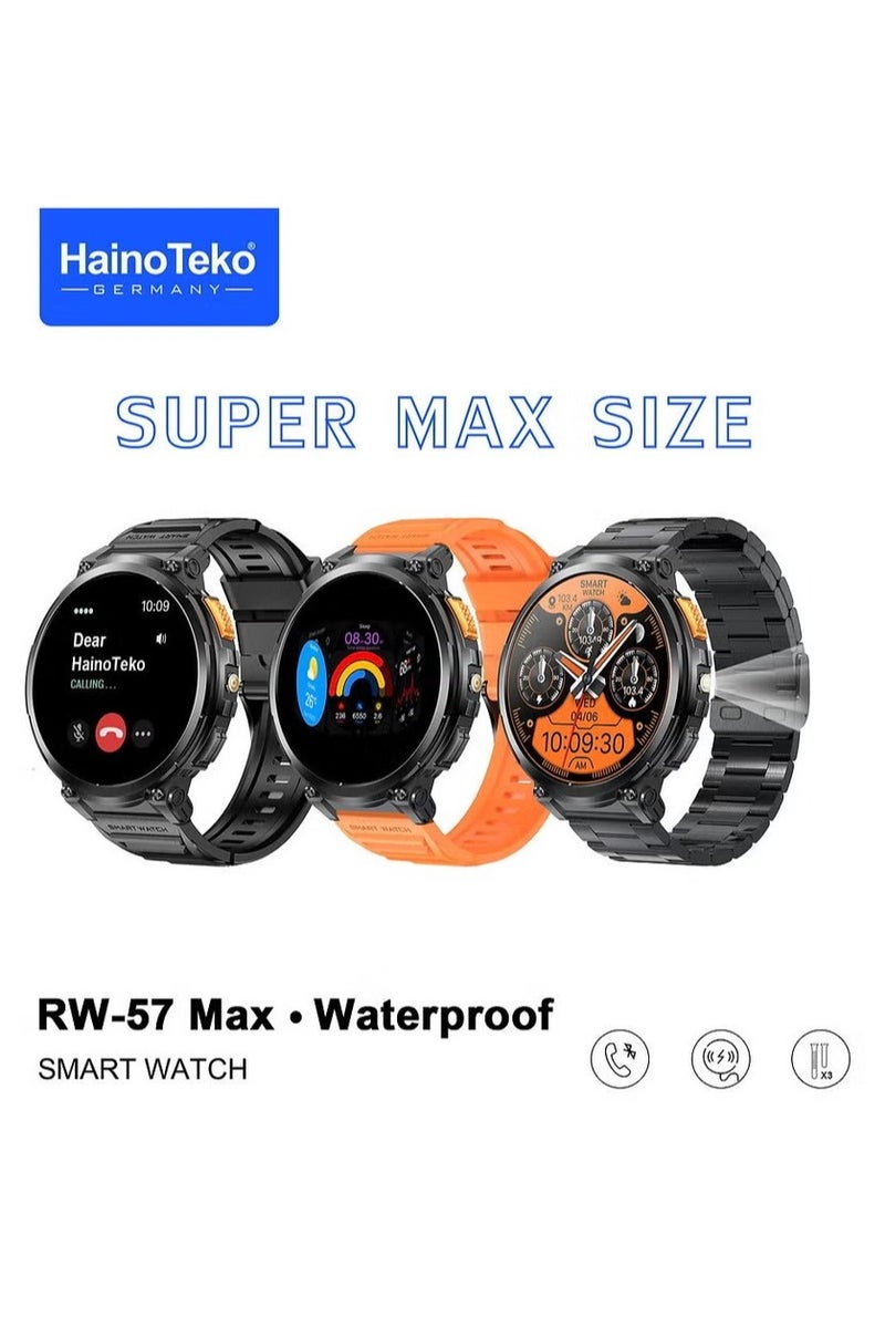 Haino Teko RW-57 Max Smartwatch for Men – Large AMOLED Display, Waterproof, Built-in Flashlight, 3 Straps & Charging Cable – Rugged Design - Image 1