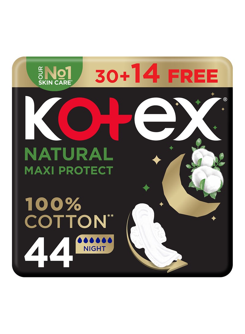 Kotex فوط كوتيكس الطبيعية ماكسي بروتكت السميكة، فوط قطن 100%، فوط صحية ليلية مع أجنحة، 44 فوطة صحية - Image 1