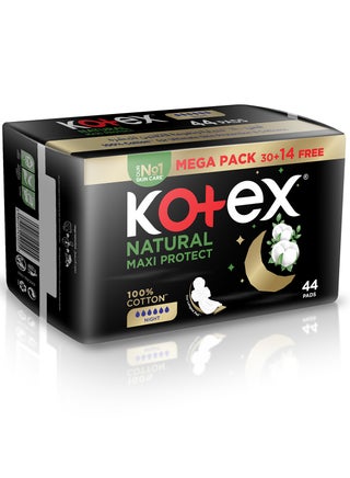Kotex Natural Maxi Protect Thick Pads, 100% Cotton Pad, Overnight Protection Sanitary Pads with Wings, 44 Sanitary Pads - view 2