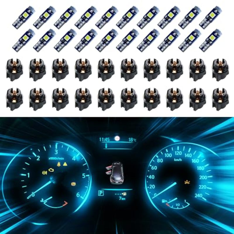 مصابيح LED T5 عبوة من 20 قطعة بلدج جليدي 3030-SMD مغلق بالدوران - لا وميض تثبيت مباشر 12 فولت 1 واط - عالية الكفاءة الطاقوية ومقطبة لاضاءة داخلية مركبات الشاحنات والسيارات الرياضية والدراجات النارية ومجمعات العدادات واللوحة القيادة والمقاييس - Image 1