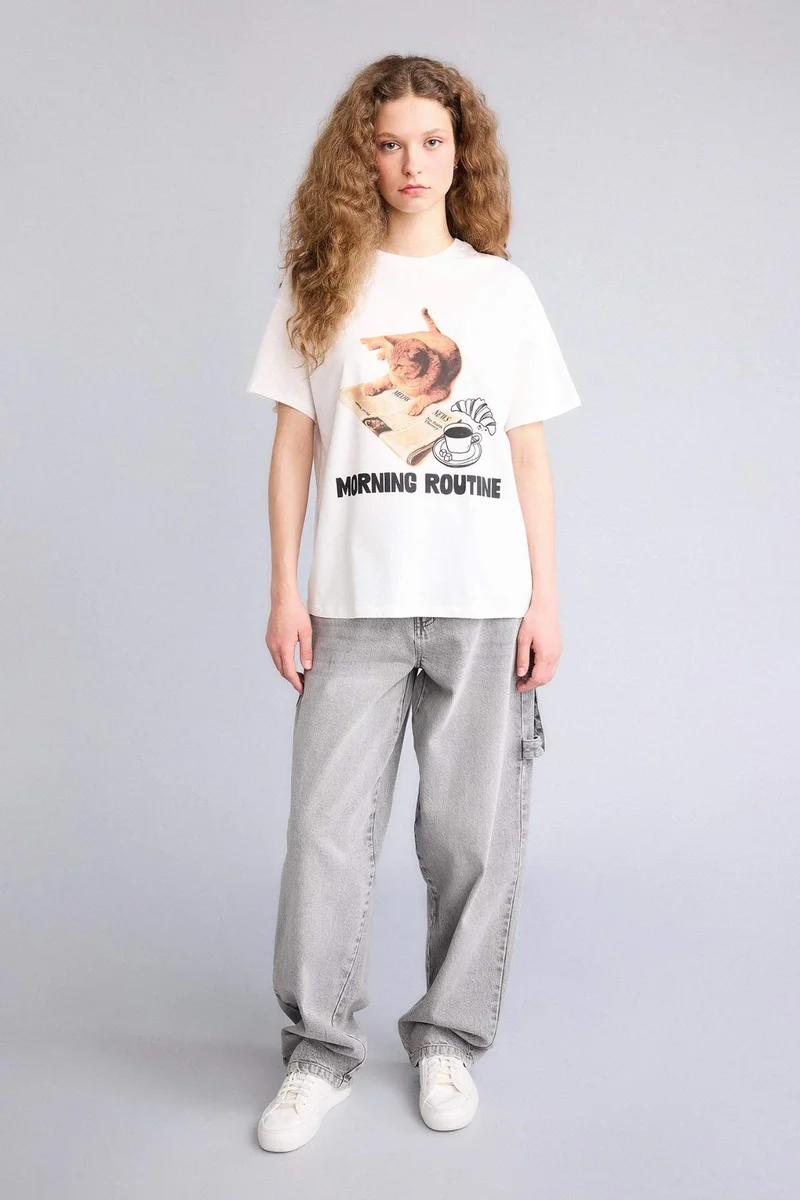 Defacto Oversize Fit Crew Neck Printed Short Sleeve T-Shirt