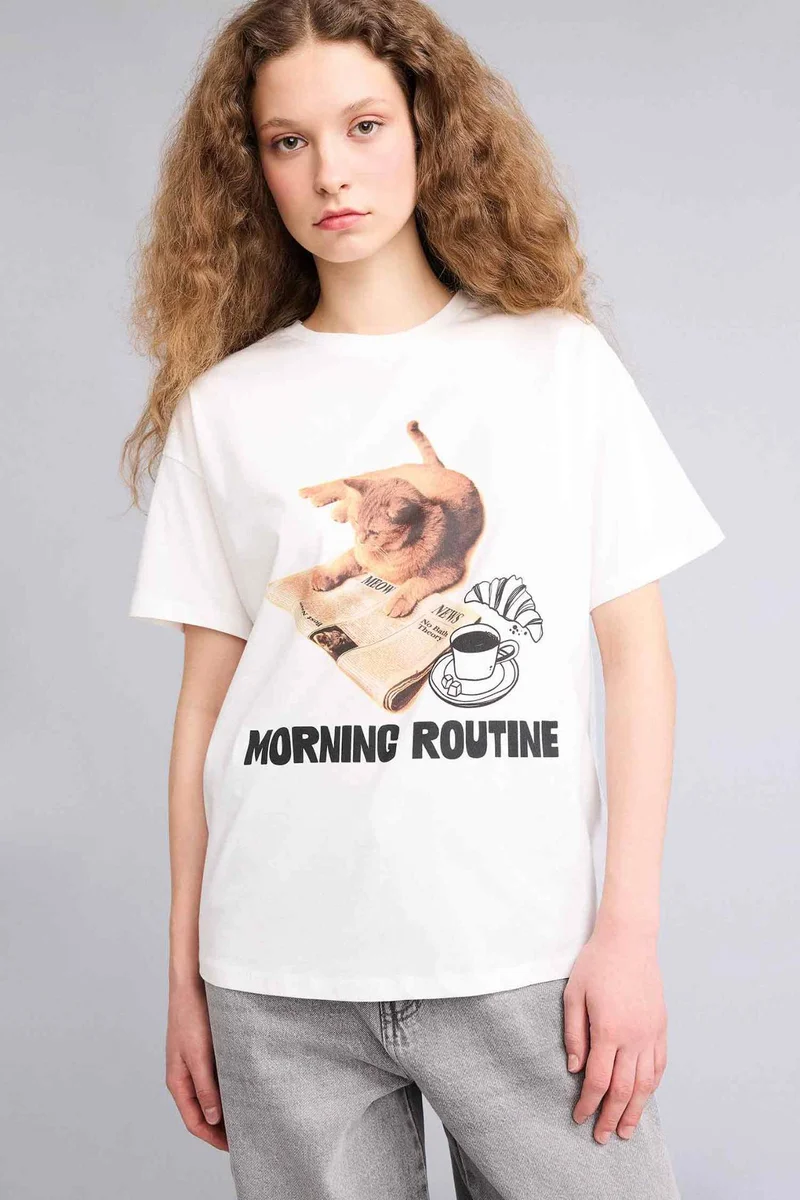 Defacto Oversize Fit Crew Neck Printed Short Sleeve T-Shirt