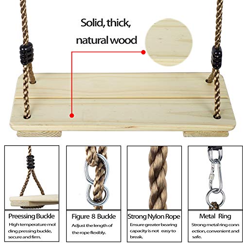 NOSTIFY Wooden Swing Seat, Nostalgic Outdoor Wood Swing for Kids, Tree Straps Set Accessories for Backyard Patio Garden Playground, Height Adjustable (Raw Wood) - Image 3