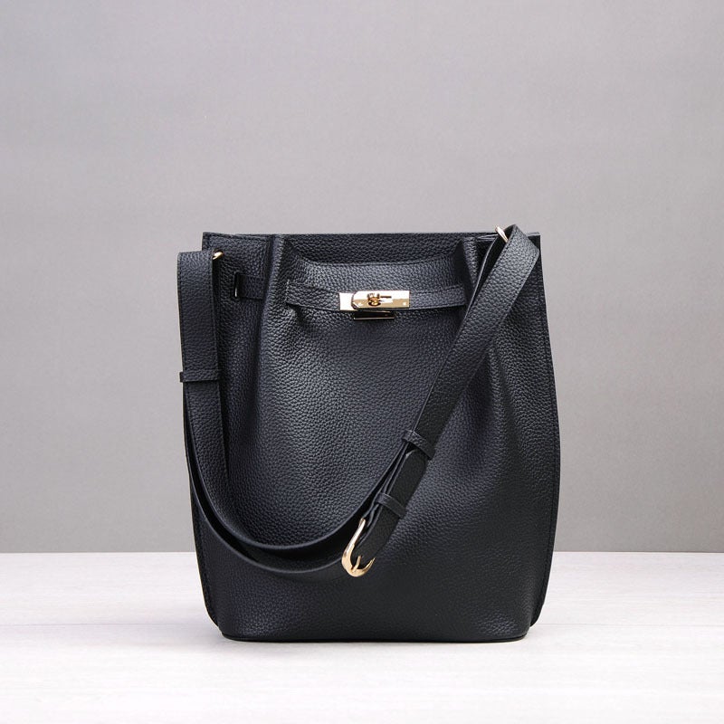 First Layer Genuine Leather Bucket Bag Casual One-Shoulder Vertical Original Cowhide Horseshoe Shoulder Handbag For Women - Image 4