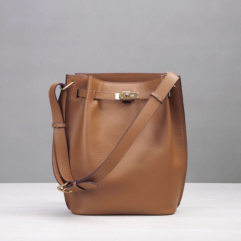First Layer Genuine Leather Bucket Bag Casual One-Shoulder Vertical Original Cowhide Horseshoe Shoulder Handbag For Women - Image 5