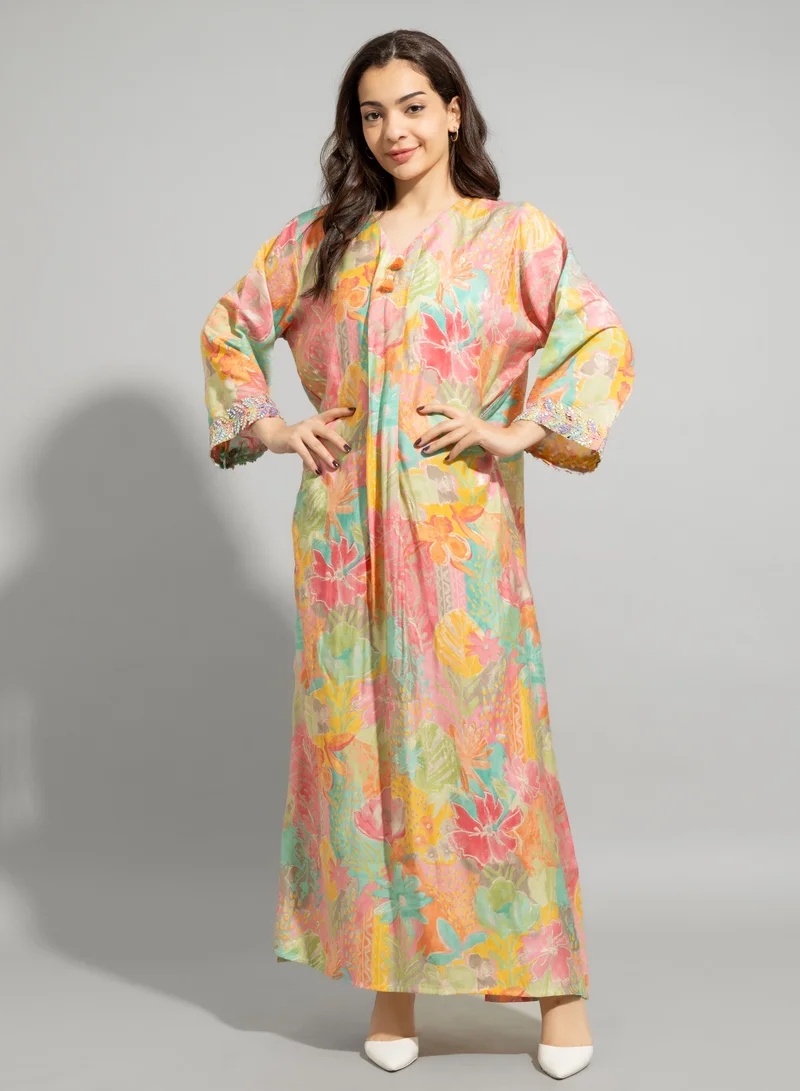 IKKXA Colorful Patterns Hand Embroidered Jalabiya IN9052 Green