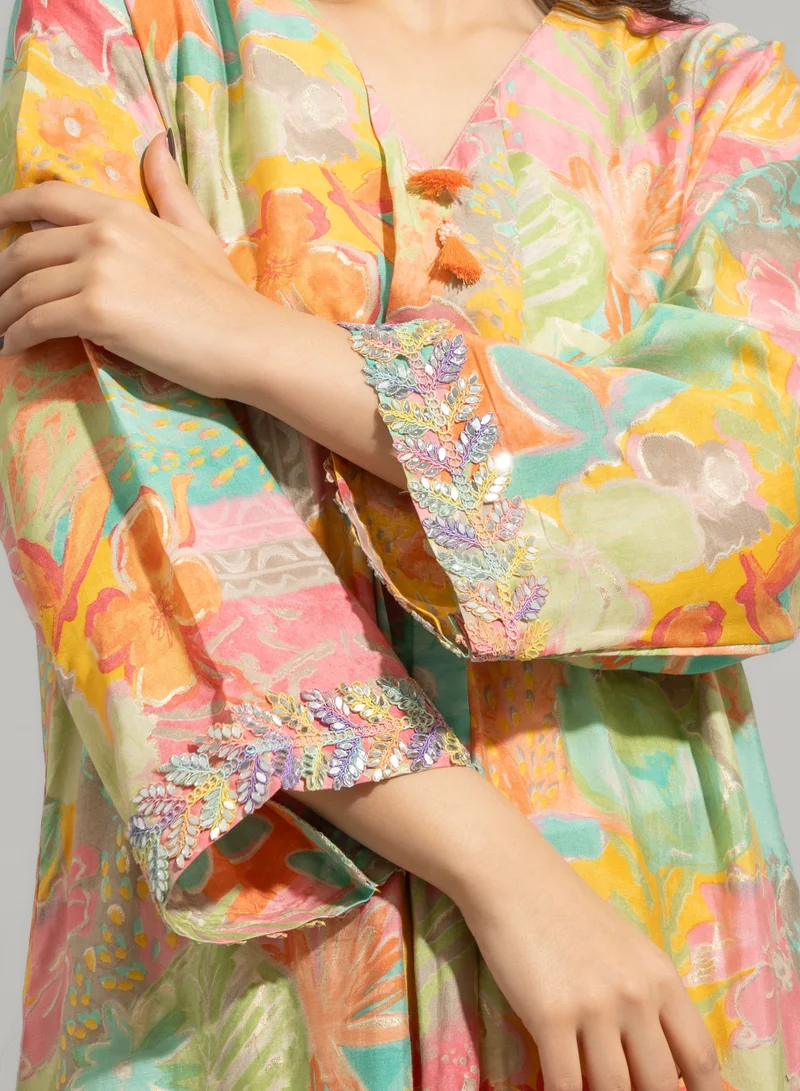IKKXA Colorful Patterns Hand Embroidered Jalabiya IN9052 Green