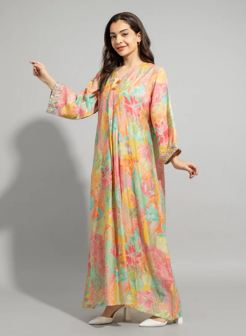 IKKXA Colorful Patterns Hand Embroidered Jalabiya IN9052 Green