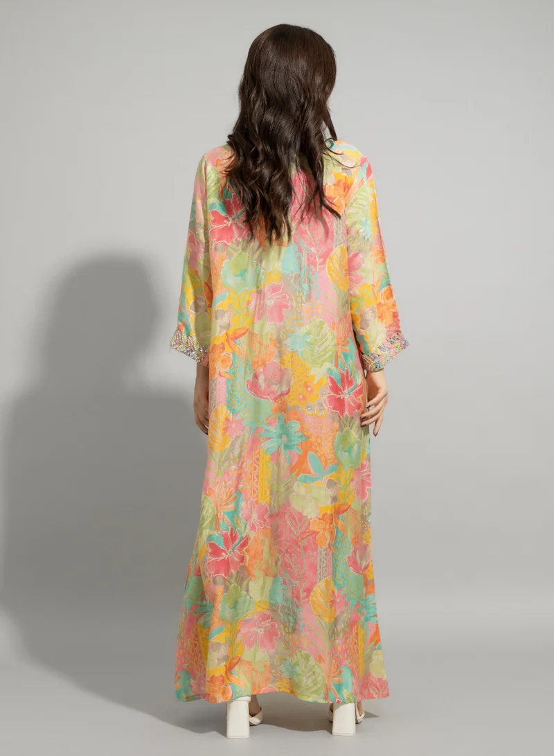 IKKXA Colorful Patterns Hand Embroidered Jalabiya IN9052 Green