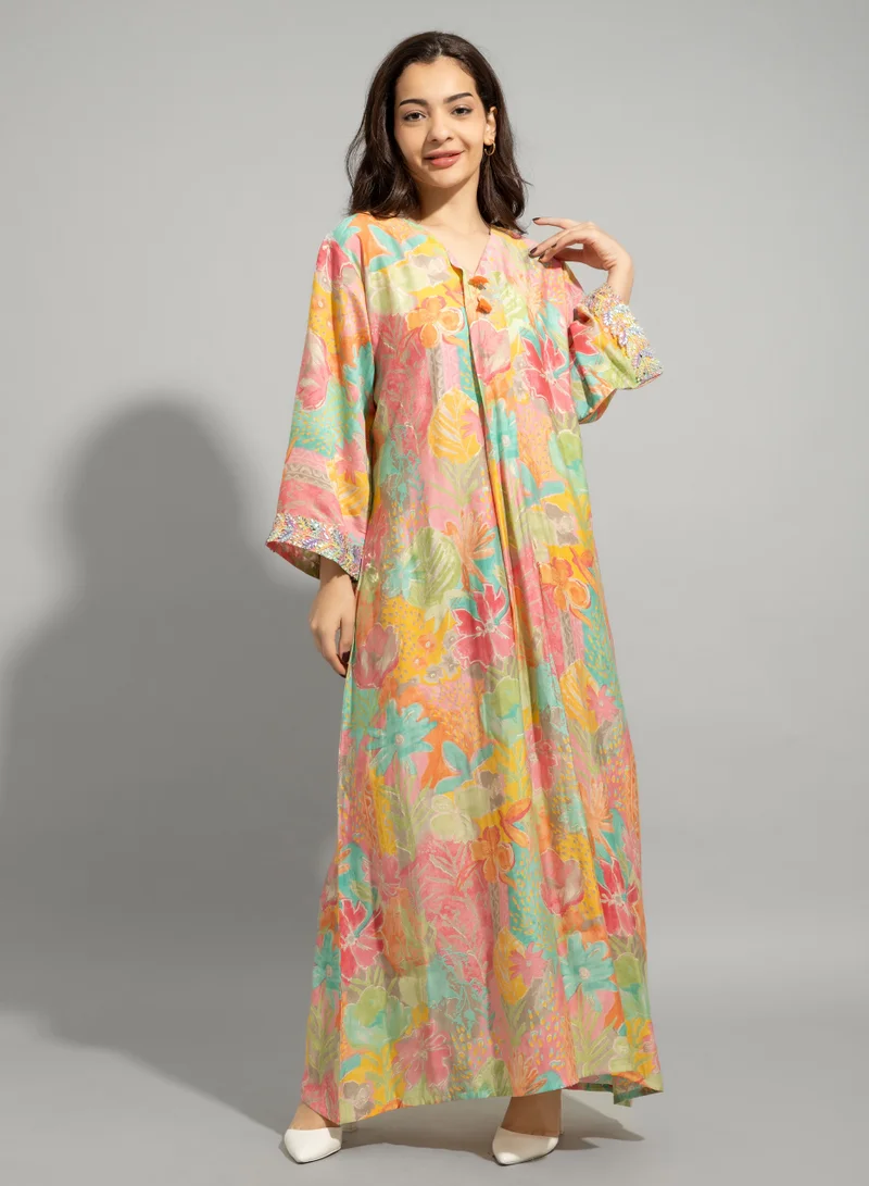 IKKXA Colorful Patterns Hand Embroidered Jalabiya IN9052 Green