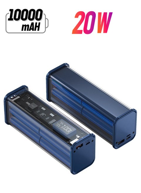 10000mAh Portable Charger PD 20W Power Bank See-Through Design Battery Pack 100W USB C Type-c Output Fast Charging Iphone 15/14 Huawei Samsung Mobile Charger Blue
