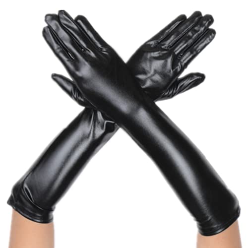 DreamHigh Women's 17" Long Metallic Satin Cosplay Finger Gloves Black - Image 3