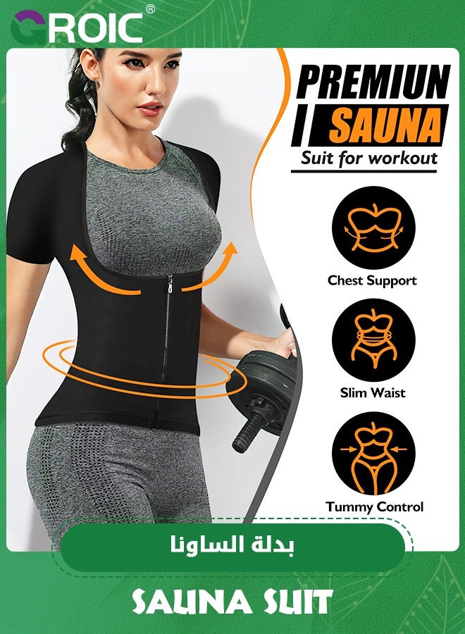 GROIC Woman Sweat Suit, Sauna Sweat Suits Shirt Waist Trainer for Woman, Compression Vest Workout Gym Clothes Sweat Enhancer Short Sleeve, Weight Loss Body Shaper for Workout Sports  - Image 5