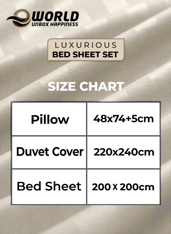 إي وورلد طقم مفارش فاخر مكون من 4 قطع بحجم كينغ باللون الكريمي المخطط – يشمل غطاء لحاف (220x240 سم)، وملاءة سرير (200x200 سم)، وغطاءين وسادة (48x74+5 سم) لتجربة نوم فندقية راقية - Image 5