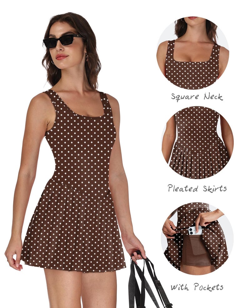 NIASHOT Athletic Dress with Shorts Pleated Skirts Beach Vacation Clothes for Women Summer Outfits 2026 Women's Fashon Clothing Brown Dots XS - Image 3