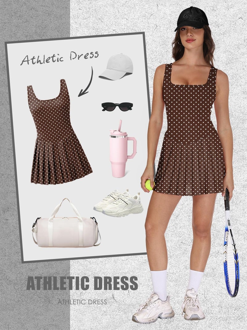 NIASHOT Athletic Dress with Shorts Pleated Skirts Beach Vacation Clothes for Women Summer Outfits 2026 Women's Fashon Clothing Brown Dots XS - Image 4