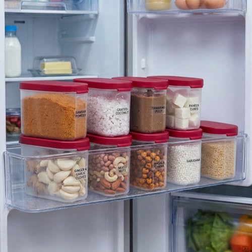 Mahaware Modular Mini Oval Kitchen Storage Box Set of 9 (150ml) – Airtight Food Container for Spices & Masala, Plastic Grain Jar & Multipurpose Organiser Set for Pantry, Red - Image 1