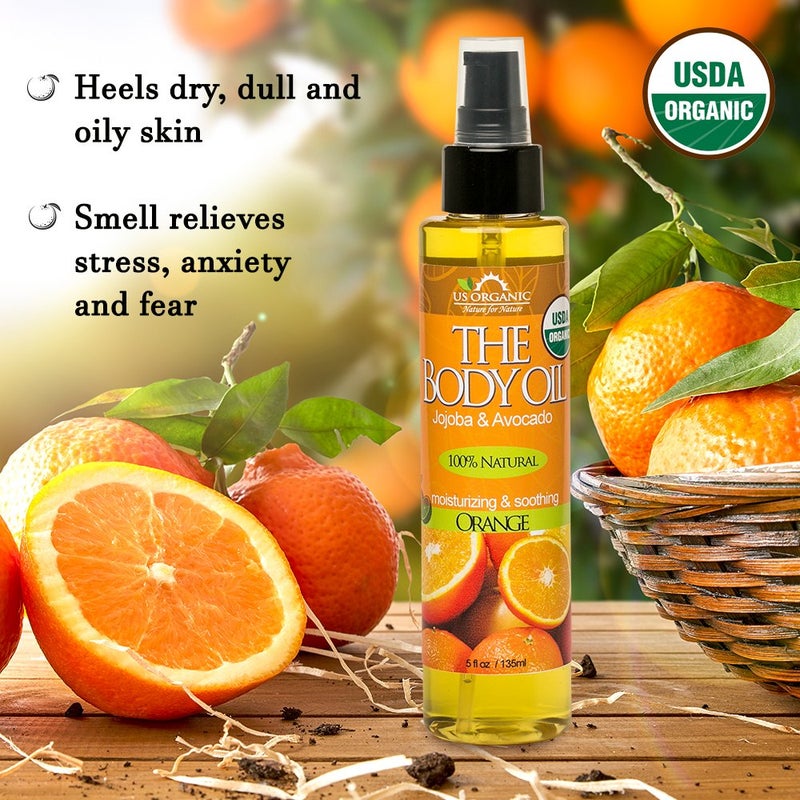 US Organic Body Oil - Fresh Orange - Jojoba and Avocado Oil with Vitamin E, USDA Certified Organic, No Alcohol, Paraben, Artificial Detergents, Color or Synthetic perfumes, 5 Fl.oz. (Orange) - Image 5