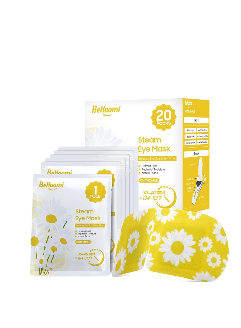 BeHoomi 20 Packs Steam Eye Mask, Heated Eye Mask Warm Compress for Eyes, Disposable Self Heating Eye Mask for Sleep, Spa, Travel Essentials & Relaxation Gifts for Women, Stocking Stuffers (Chamomile)  - Image 1