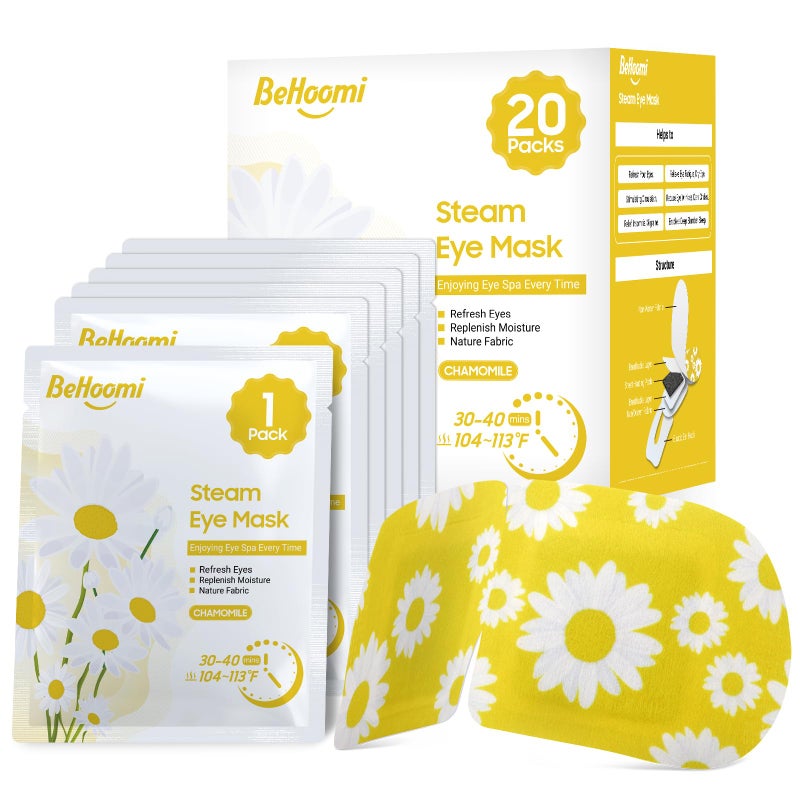 BeHoomi 20 Packs Steam Eye Mask, Heated Eye Mask Warm Compress for Eyes, Disposable Self Heating Steam Mask Sleep, Spa, Travel Essentials & Relaxation Gifts for Women, Stocking Stuffers (Chamomile) - Image 1