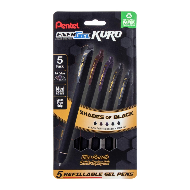 Pentel قلم جيل سائل قابل للسحب من بنتل إينرجل كورو، درجات من الأسود، رأس 0.7 مم، حبر أسود متنوع، عبوة من 5 أقلام (BL437PF5MA) - Image 1