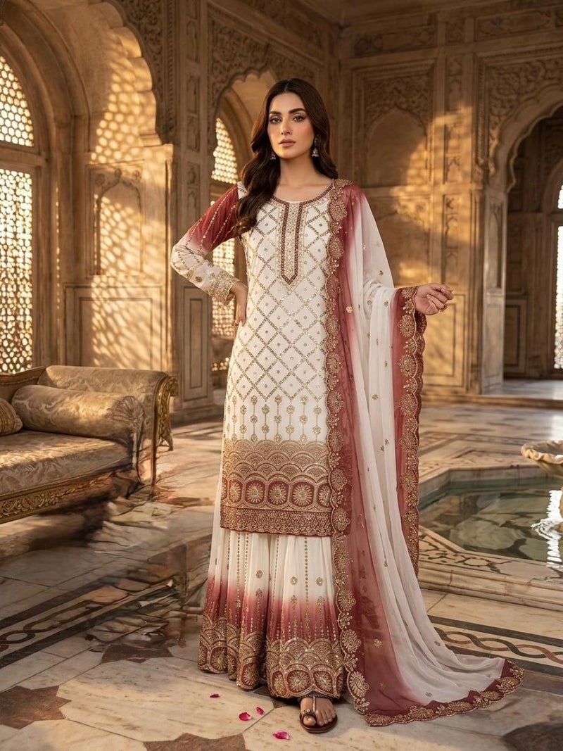 ANAITA بدلة جاهزة من جورجيت بني وأبيض مع تطريز وعمل تسلسل - Image 1