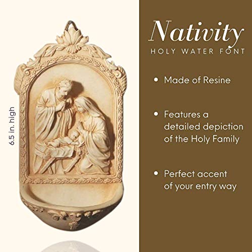 AT001 Catholic & Religious Nativity Holy Water Font. Material: Resin Size: 6 1/2" H. Holy Family with St. Mary, Jesus & St. Joseph. Perfect for Entrance of Home or Wedding Gift! - Image 3