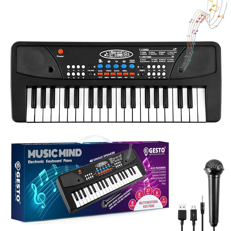 Gesto بيانو أطفال | بيانو إلكتروني بـ 37 مفتاح للأطفال مع ميكروفون | ألعاب موسيقية تعليمية للأولاد والبنات من عمر 3 إلى 6 سنوات | هدايا للأطفال من 3 إلى 5 سنوات - (أسود) - Image 1