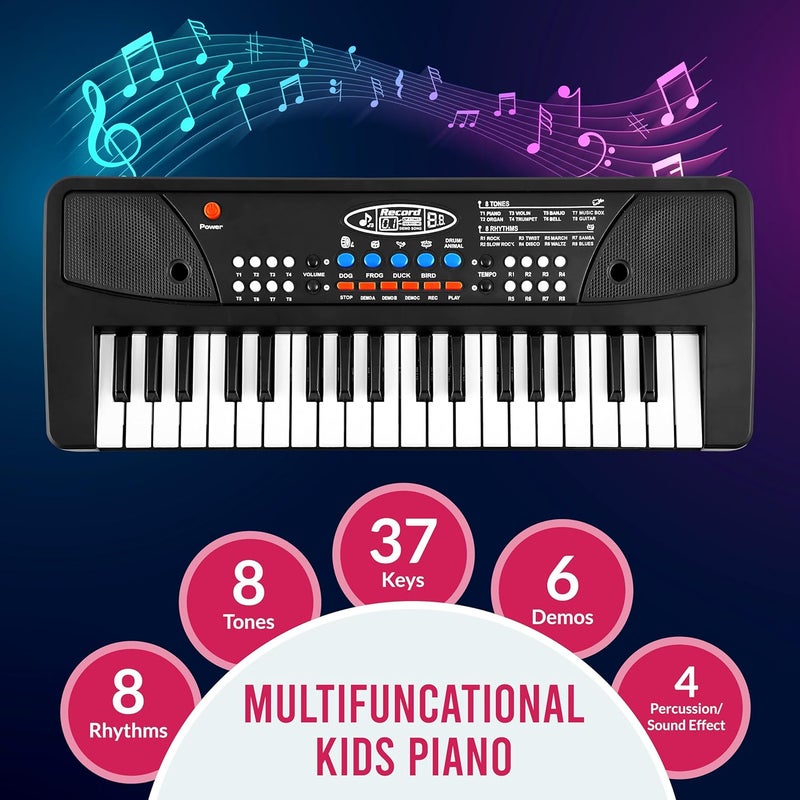 Gesto بيانو أطفال | بيانو إلكتروني بـ 37 مفتاح للأطفال مع ميكروفون | ألعاب موسيقية تعليمية للأولاد والبنات من عمر 3 إلى 6 سنوات | هدايا للأطفال من 3 إلى 5 سنوات - (أسود) - Image 3