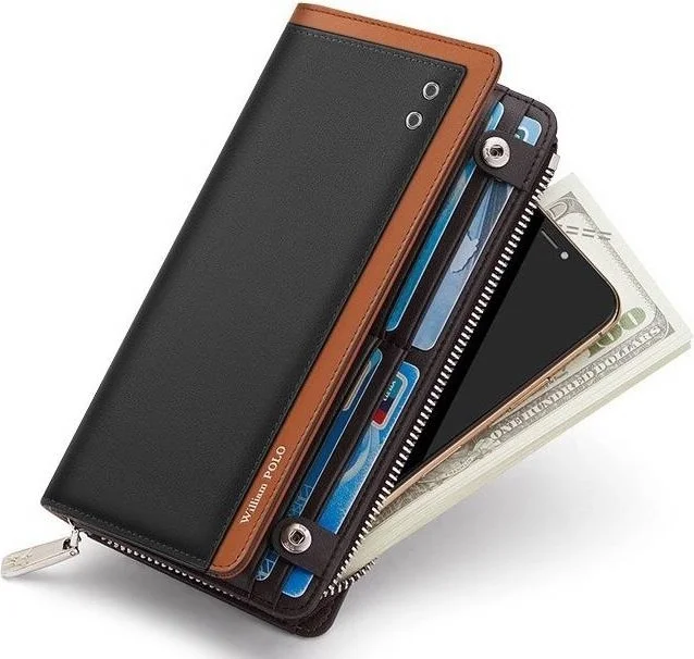 وليام بولو Italian Genuine Leather Black Long Card Holder Men's Wallet
