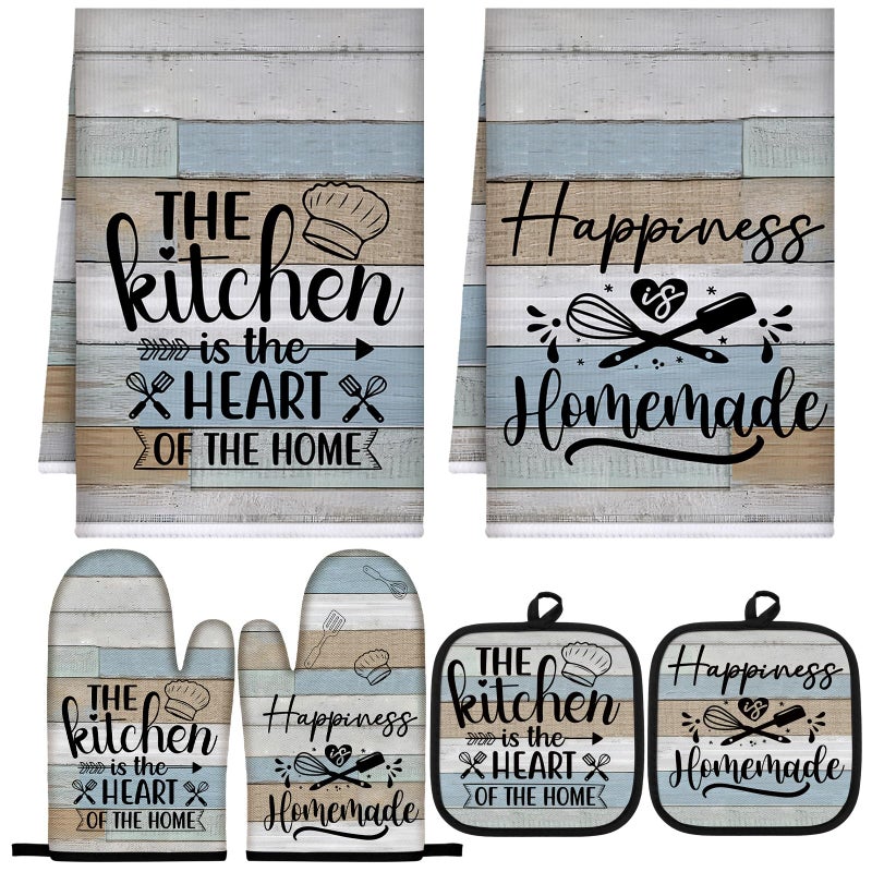 Sratte 6 Pcs Kitchen Decor Accessories Set Farmhouse Towels Pot Holders Oven Mitts Set 2 Dish Towels 2 Potholders 2 Cooking Mittens Oven Glove for Christmas Baking Cooking Supply(Brown Green,Kitchen) - Image 1